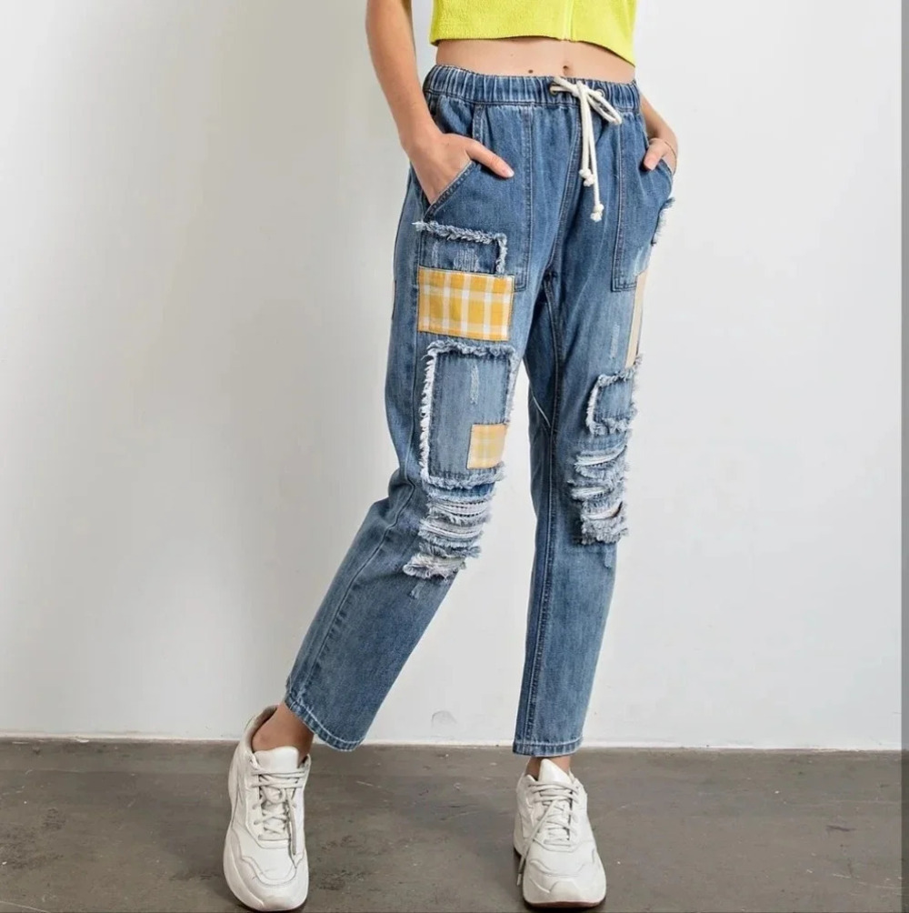 New! Easel Patchwork Distressed Washed Denim Pants